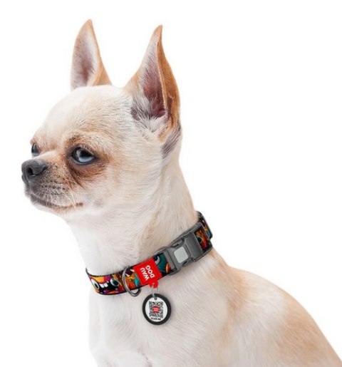 Collar WauDog Nylon Obroża nylonowa z QR-paszportem, plastikowy fastex, wzór ZĘBATE POTWORY, L 25mm/33-49cm