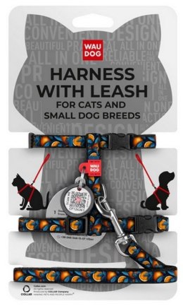Collar WauDog Nylon Szelki ze smyczą nylonowe anatomiczne w kształcie litery H, z QR-paszportem, plastikowy fastex, wzór POMARAŃ